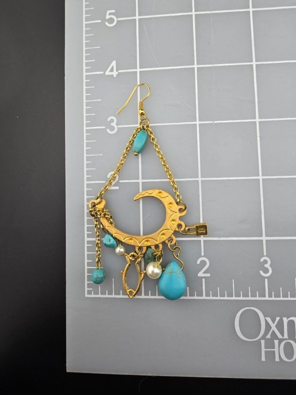 Gold Tone Crescent Moon Dangle Earrings Turquoise & Pearl Boho Chic Statement - Picture 6 of 6